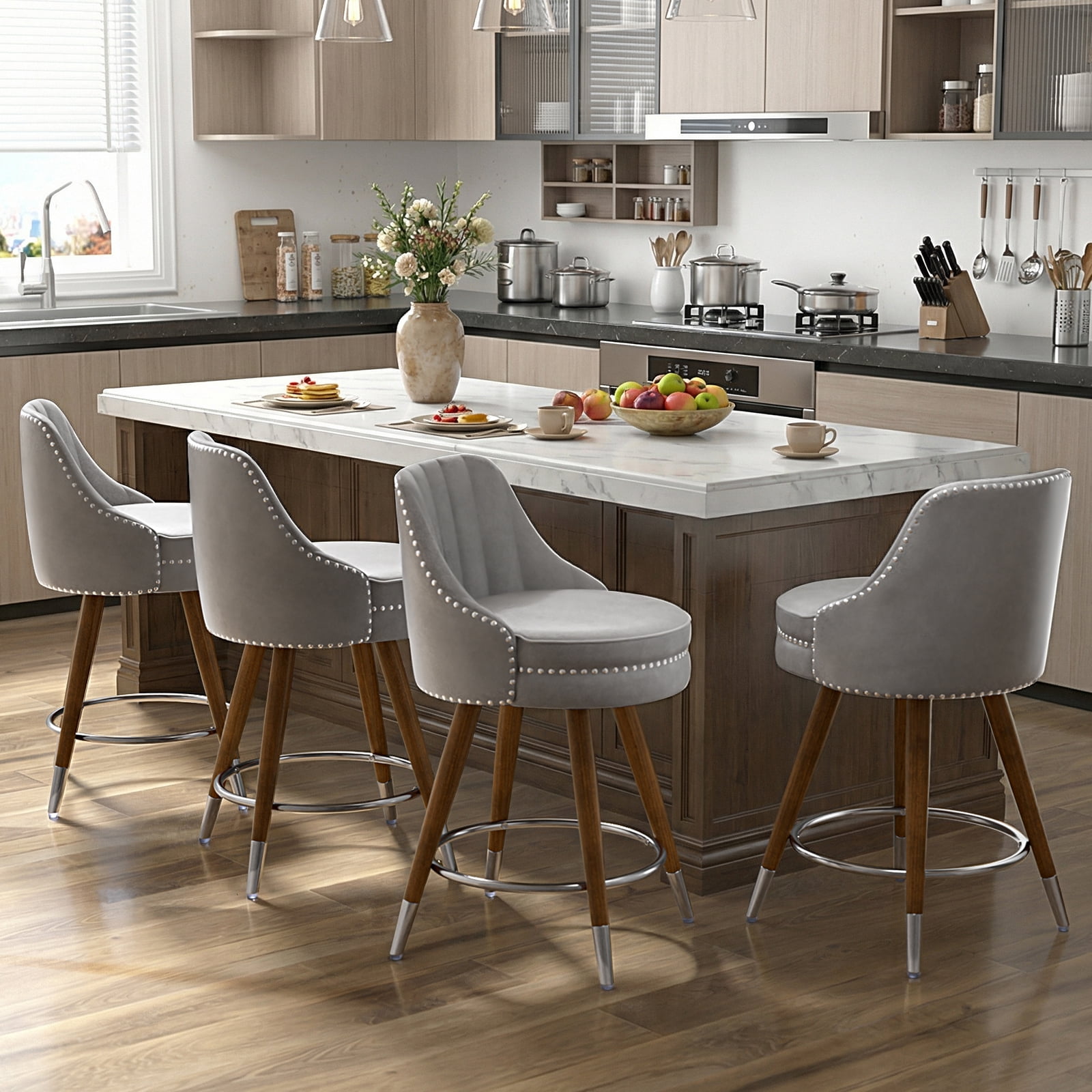 HomeZeer Swivel Bar Stools Set of 4, Counter Height Bar Stools with Back, Leather Swivel Counter Stools with Wood Legs and Footrest, Upholstered Bar Stools Chairs for Kitchen Island, Grey