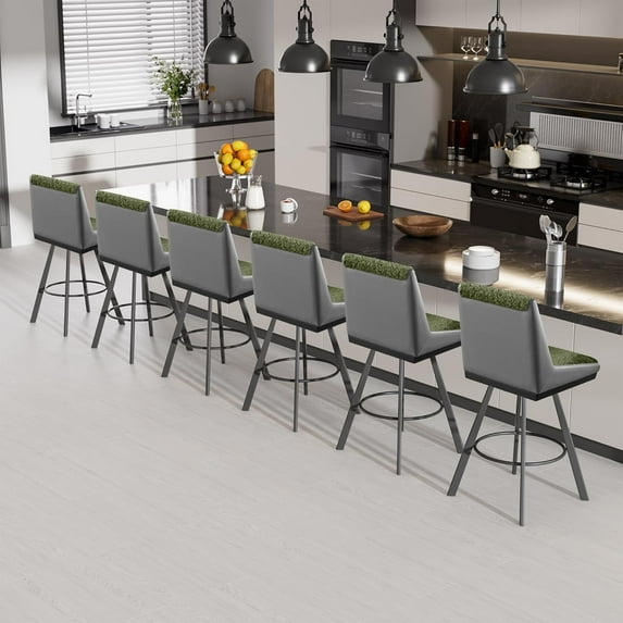 HomeZeer Swivel Bar Stools Set of 6, 26" Counter Height with Back & Footrest, PU Leather & Loop Yarn Fabric Upholstered Seat, Modern Counter Stools with Black Metal Legs for Kitchen Island, Green