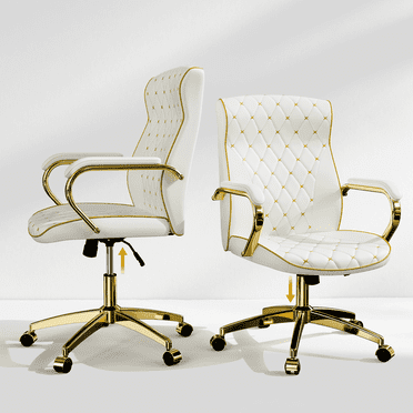 HomeZeer White and Gold Office Chair, Ergonomic High Back Executive Desk Chair with Wheels and Arms, Modern PU Leather Computer Chair with Rocking Function, White(Set of 2)