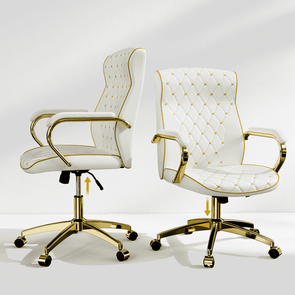 HomeZeer White and Gold Office Chair, Ergonomic High Back Executive Desk Chair with Wheels and Arms, Modern PU Leather Computer Chair with Rocking Function, White(Set of 2)