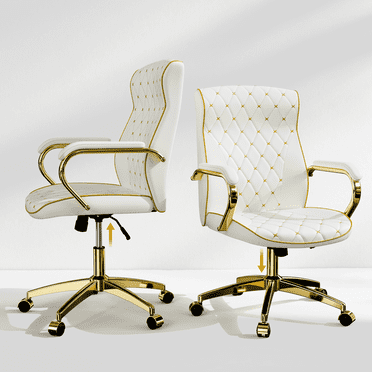 HomeZeer White and Gold Office Chair, Ergonomic High Back Executive Desk Chair with Wheels and Arms, Modern PU Leather Computer Chair with Rocking Function, White(Set of 2)