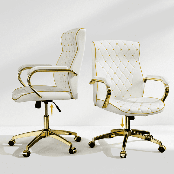HomeZeer White and Gold Office Chair, Ergonomic High Back Executive Desk Chair with Wheels and Arms, Modern PU Leather Computer Chair with Rocking Function, White(Set of 2)
