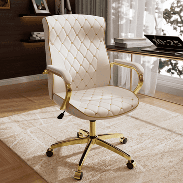 HomeZeer White and Gold Office Chair, Ergonomic High Back Executive Desk Chair with Wheels and Arms, Modern PU Leather Computer Chair with Rocking Function, White