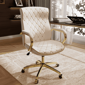 HomeZeer White and Gold Office Chair, Ergonomic High Back Executive Desk Chair with Wheels and Arms, Modern PU Leather Computer Chair with Rocking Function, White