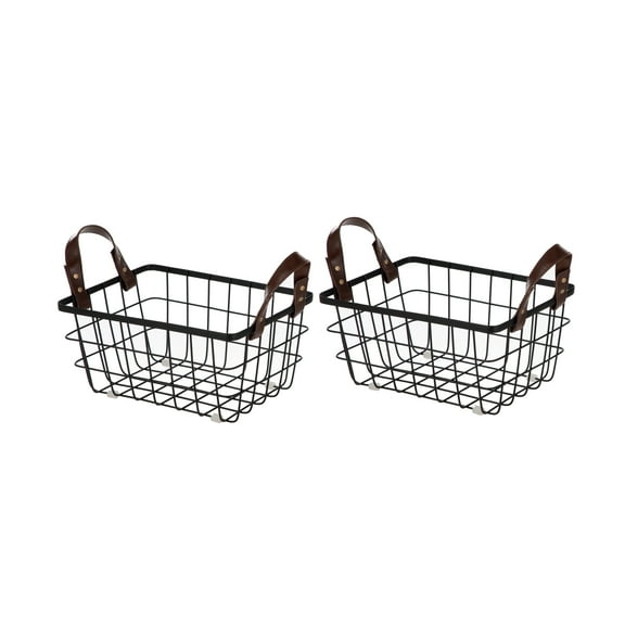 HomeZone 2-Pack Wire Storage Basket Organizers with Faux Leather Handles, 10.75 in x 8 in x 5 in, Black