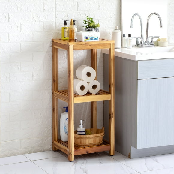 HomeZone 3-Tier Acacia Wood Storage Shelves with Natural Finish, 15 lb Capacity per Shelf