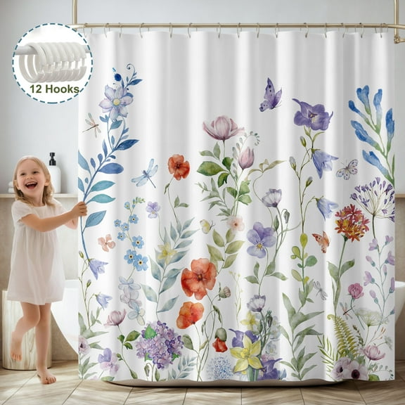Homease Floral Fabric Shower Curtain, Pink Blue Bathroom Curtain with Hooks, 72" x 72", Waterproof