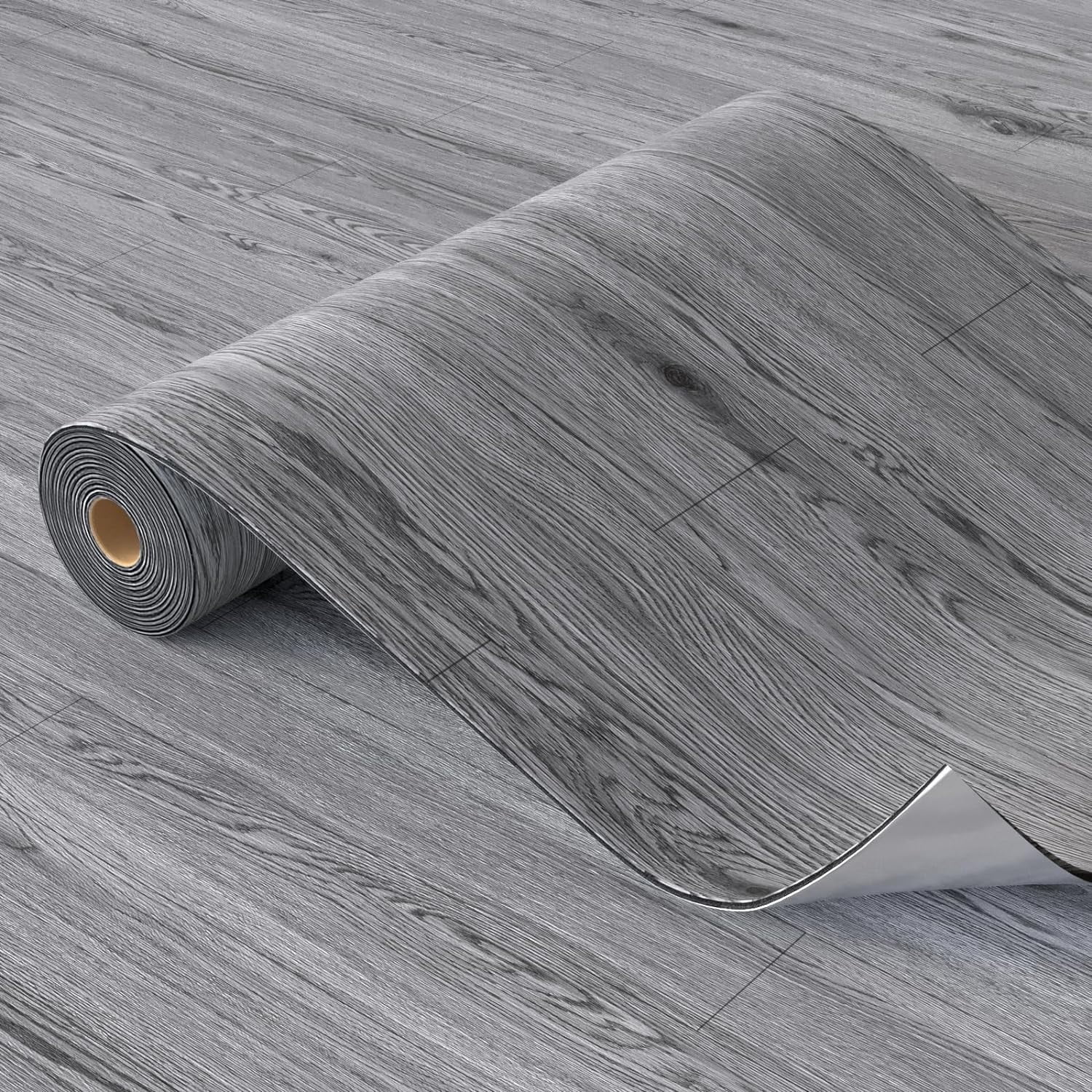 Homease PVC Peel and Stick Vinyl Flooring Roll 23"x 196"/32 Sq.Ft, Thicken Self-Adhesive Vinyl Wood Planks - Waterproof, Wear-Resistant,Easy DIY Install - Gray