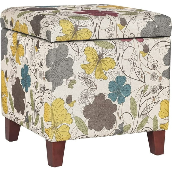 Homebeez 18” Cube Storage Ottoman, Floral Printed Linen Square Foot Rest Stools, Upholstered Vanity Stool with Hinged Lid, for Living Room Bedroom Entryway