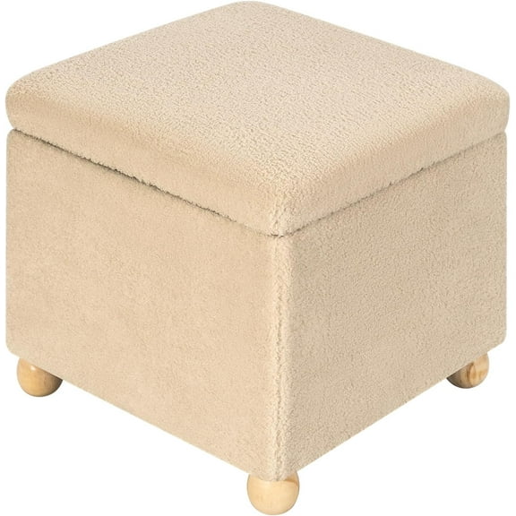 Homebeez 18” Cube Storage Ottoman,Teddy Velvet Square Foot Rest Stools, Upholstered Vanity Stool with Hinged Lid, for Living Room Bedroom Entryway, Oat