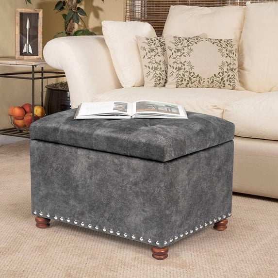 Homebeez 18" Leather Storage Ottoman Upholstered Footstool Bench for Bedroom Hallway, Gray