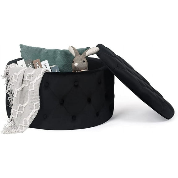 Homebeez 24.8" Round Velvet Storage Ottoman, Button Tufted Footrest Stool Coffee Table for Living Room, Black