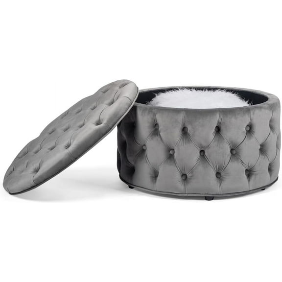 Homebeez 28 Inch Round Velvet Storage Ottoman, Button Tufted Footrest Stool Coffee Table for Living Room (Grey)