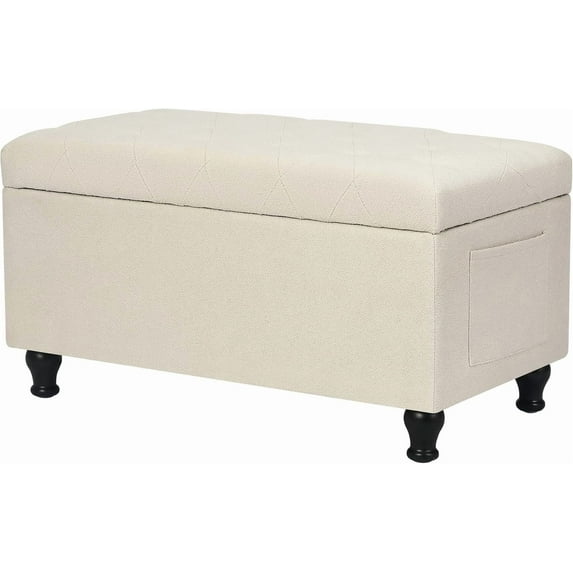 Homebeez 32 Inch Linen Storage Ottoman Bench with Side Storage Pockets, Rectangle Foot Rest Stool for End of Bed, Bedroom, Living Room, Entryway, Beige