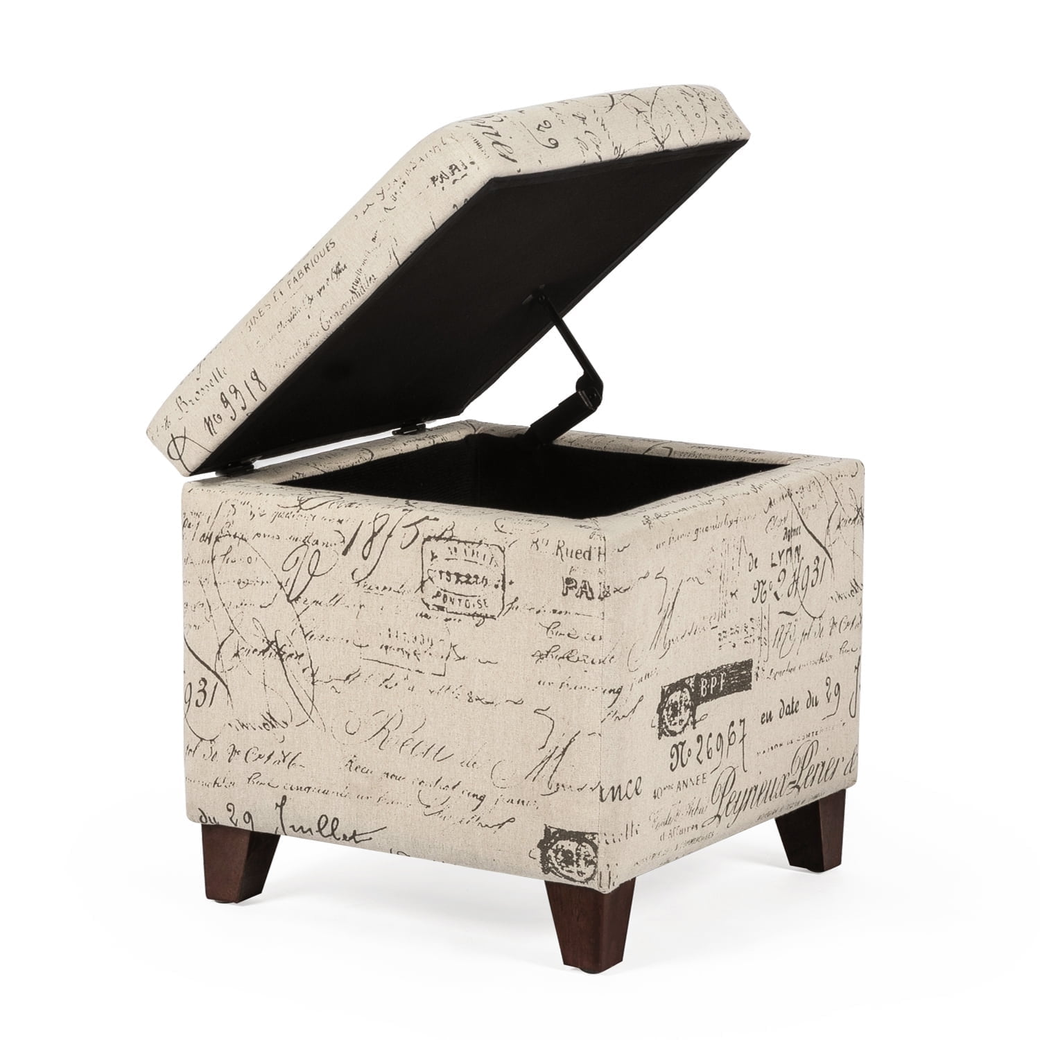 Cream White Script Pattern Linen Storage Ottoman with Wood Legs