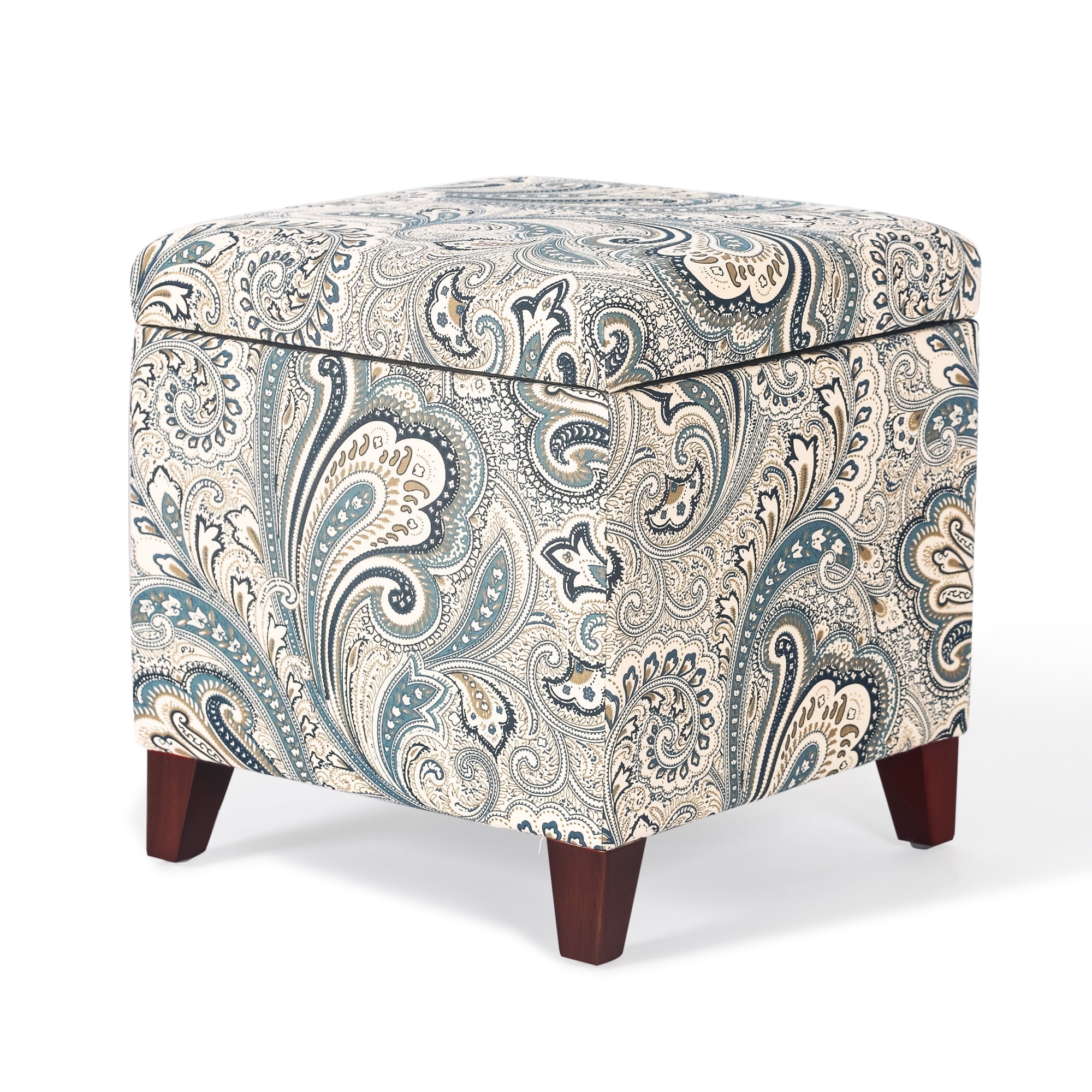 Homebeez Printed Linen Cube Storage Ottoman with Solid Wood Legs Cube Footstool Storage Cabinet 18 H Weight Capacity 300LB Blue
