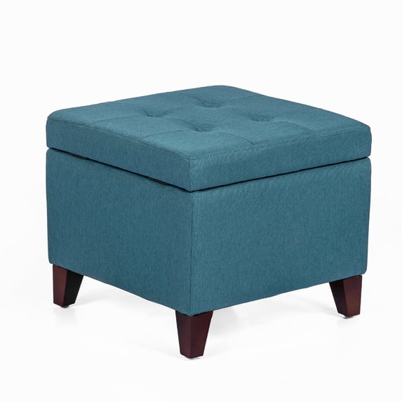 Homebeez Fabric Square Storage Ottoman with Wood Legs for Living Room Coffee Table, Blue