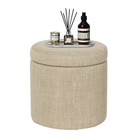 Homebeez Fabric Upholstered Round Storage Ottoman Footstool for Living Room, Beige