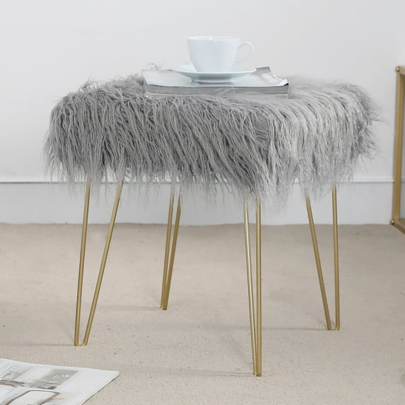 Homebeez Faux Fur Vanity Stool, Small Fluffy Vanity Seat,Furry Ottoman Foot Stool for Dressing Room, Bedroom, Living Room or Kids Room