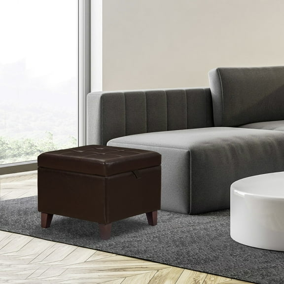 Homebeez Faux Leather Square Storage Ottoman with Wood Legs for Living Room Coffee Table, Brown