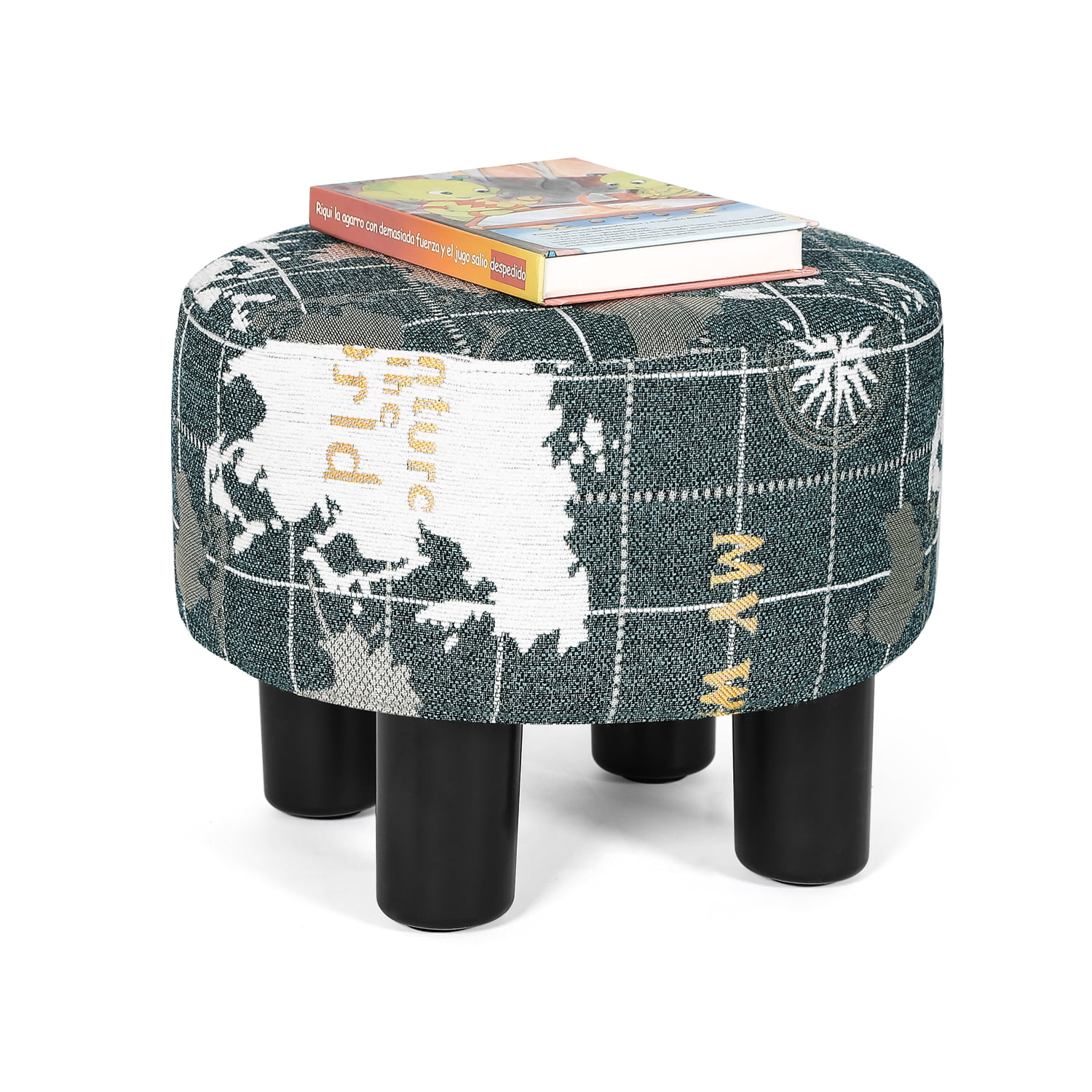 Round Ottoman Foot Rest Stool, Fabric Padded Seat with Non-Skid