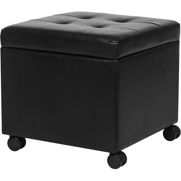 Homebeez Leather Storage Ottoman with Steerable Rolling Wheels, 17.9" Square Small Foot Rest Stool Tufted Cube Footstool with Hinged Lid, Load 300 lb, for Living Room, Bedroom, Entryway, Black