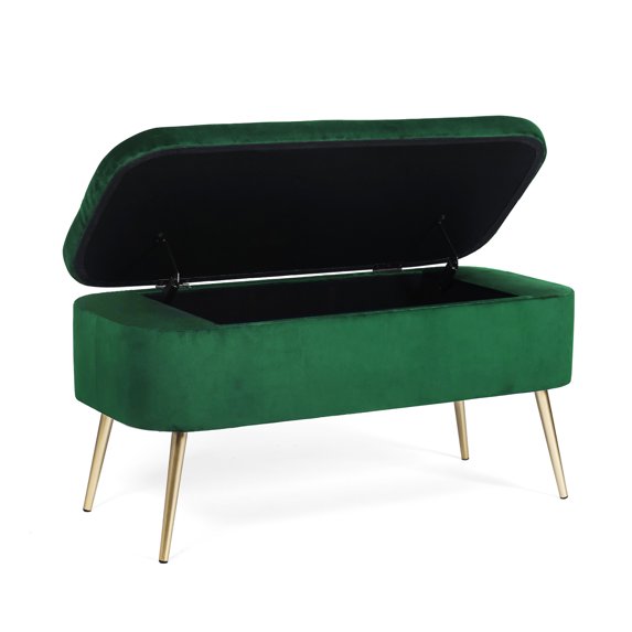 Homebeez Modern Velvet Storage Bench Ottoman with Padded Seat and Golden Metal Legs, Green