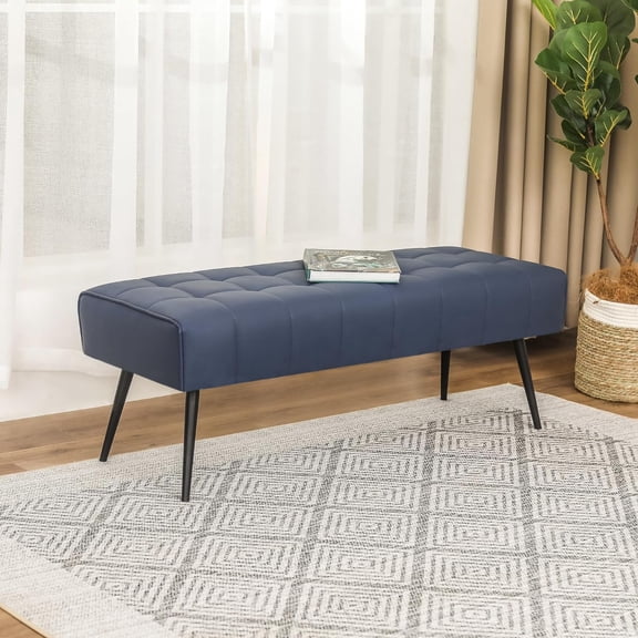 Homebeez Ottoman Bench, 42" Faux Leather End of Bed Padded Bedroom Bench, Upholstered Foot Stool for Living Room, Window, Entryway, Dark Blue
