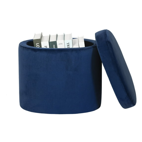 Homebeez Oval Velvet Upholstered Storage Ottoman Footrest Vanity Makeup Stool, Blue
