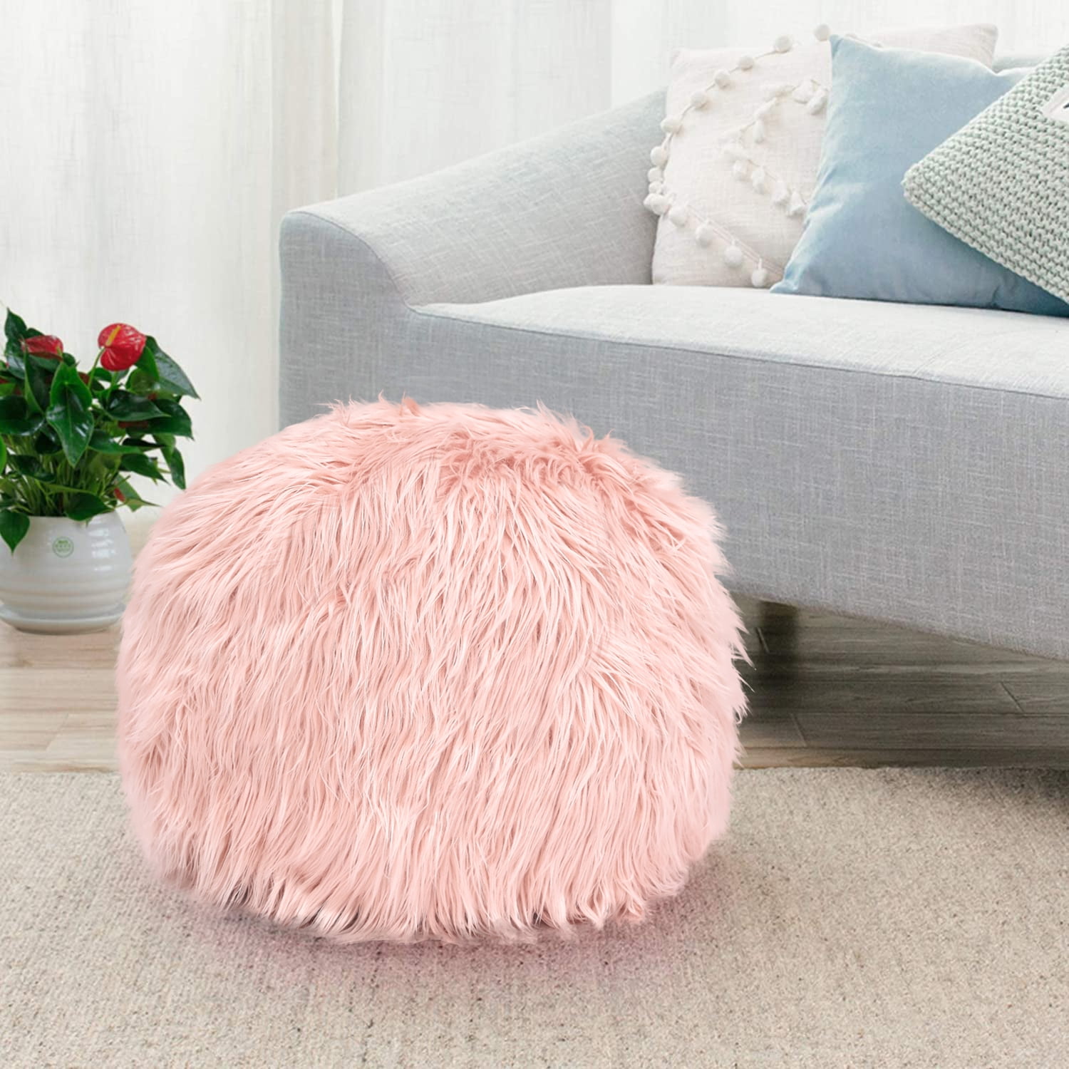 Round Stuffed Pouf Ottoman Faux Fur Ottoman Foot Rest Under Desk Foot Stool  Great for Living