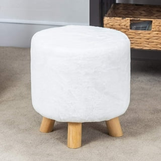 Round Ottoman Foot Rest Stool, Small Fabric Footstool with Non-Skid Wood Legs, Beige Corrigan Studio