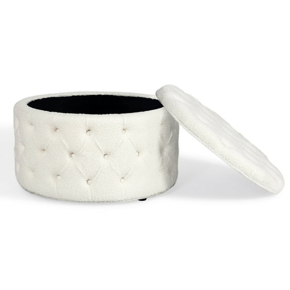 Homebeez Round Storage Ottoman Button Tufted Footrest Stool Coffee Table Children Sofa Stool,White