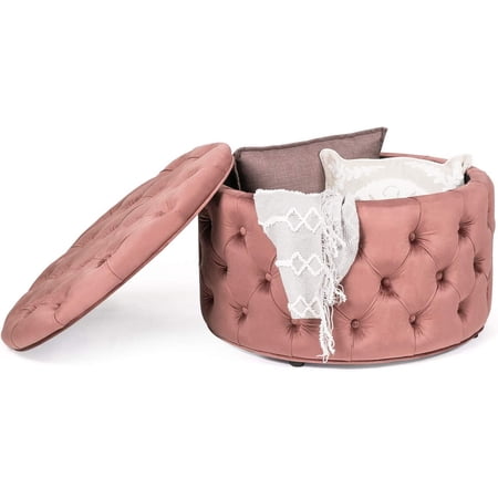 Homebeez Round Velvet Storage Ottoman, Button Tufted Footrest Stool Coffee Table (Rose)