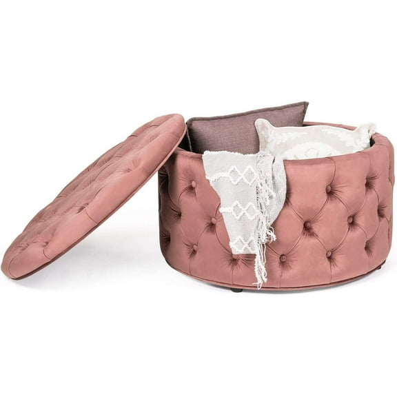 Homebeez Round Velvet Storage Ottoman, Button Tufted Footrest Stool Coffee Table (Rose)