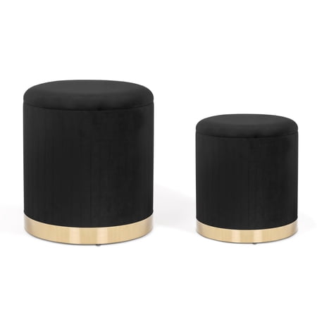 Homebeez Round Velvet Storage Ottoman Upholstered Foot Rest Stool with Gold Plating Base, Black