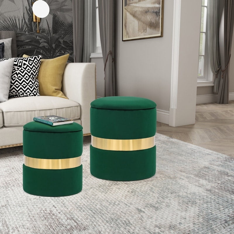 Adeco Set of 2 Velvet Storage Ottoman Round Foot Stool Dark Green