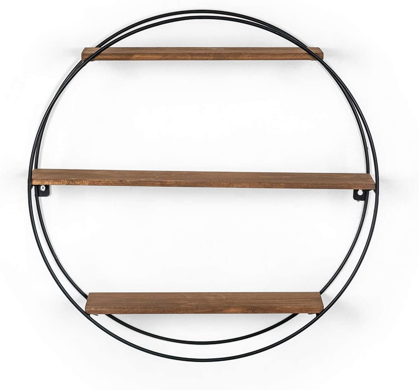 Round Black Metal Frame Floating Shelf with Wood Accent