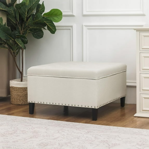 Homebeez Square Storage Ottoman, 30" Large Linen Coffee Table for Living Room, Cream White