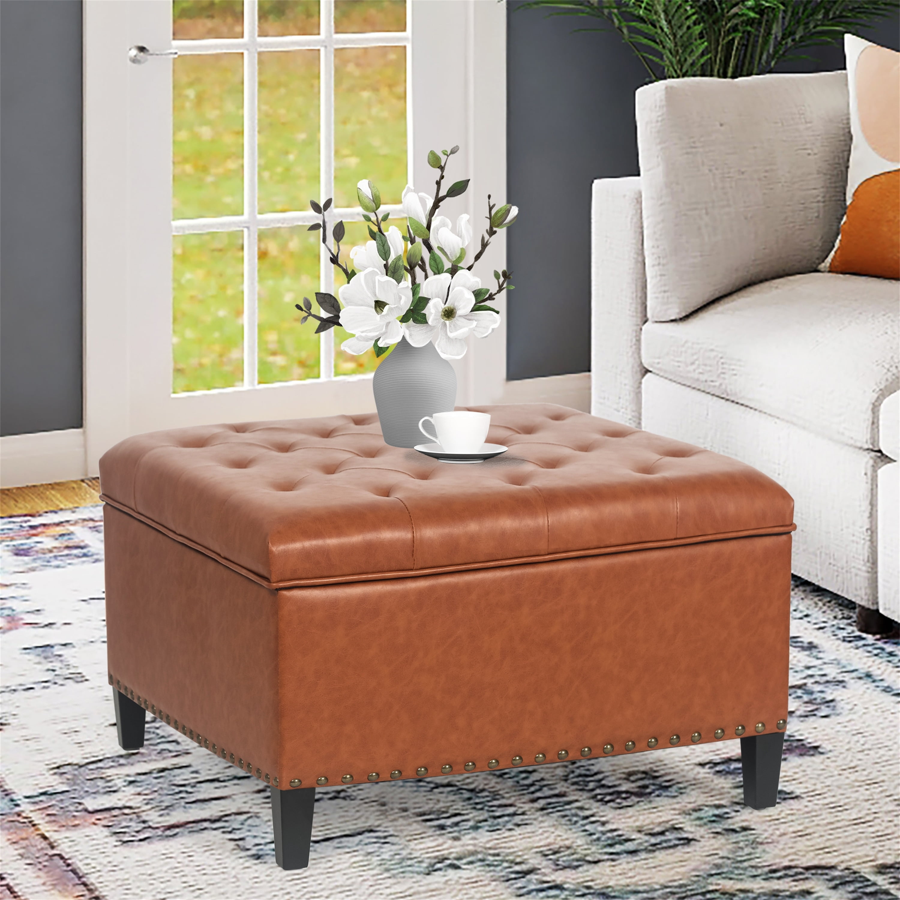 Orange Tufted Upholstered Storage Ottoman Coffee Table