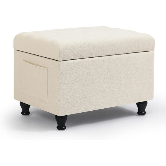 Homebeez Storage Ottoman Bench with Side Pocket, 24 Inch Linen Upholstered Rectangle Footrest Stool for Living Room, Bedroom, End of Bed, Beige