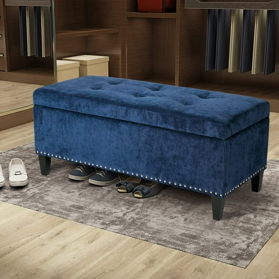 Homebeez Storage Ottoman Velvet Tufted Foot Rest Stool with Nailhead Trim (Blue)