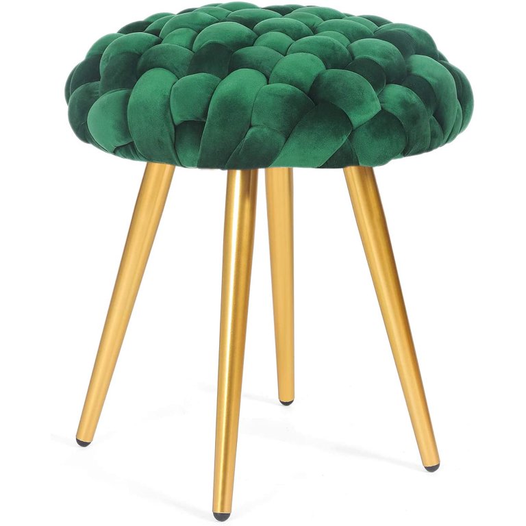 dressing table stool green Ottoman For Bedroom/Living Room, Round Decorative Stool For Dressing Table,  Suede Green, Tapered Legs, Luxury Premium Top