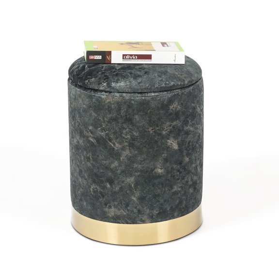 Homebeez Velvet Round Storage Ottoman,Upholstered Round Ottoman with Storage Round Footstool Makeup Vanity Stool,Gray&Green