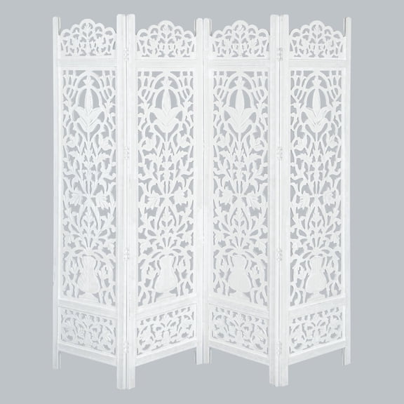 Homebia Designs 4-Panel Wooden Room Divider 72"×72"-Hand-Carved Floral Folding Privacy Screen | Pre-Assembled Large Decorative Partition for Living Room,Bedroom,Office&Boho Home Décor-Antique White