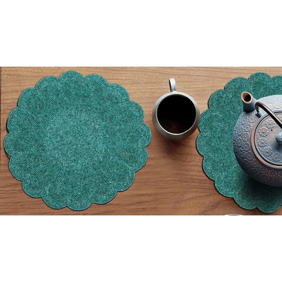 Homebia Designs Beaded Placemats Set of 2-13 inch Handmade Round Scalloped Charger Placemat Decorative Table Mats for Dining Table- Teal