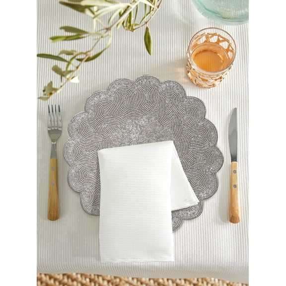 Homebia Designs Beaded Placemats Set of 2, Scalloped Round Design Placemats for Dining Table, Weddings, Holidays & Parties 13 inch - Silver