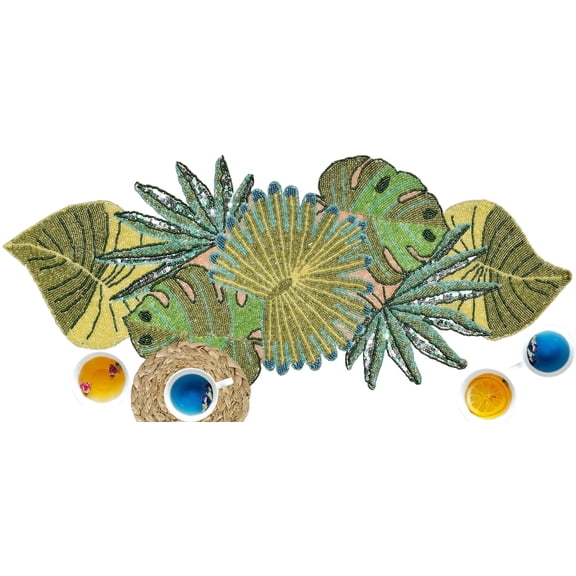 Homebia Designs Beaded Table Runner 13x36 "-Handmade Decorative Green Leaves Pattern with Glitz Embroidery-Elegant Table Decor for Weddings, Holidays, Parties, Gifts & Everyday Dining Centerpieces