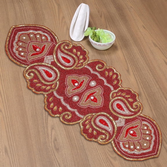 Homebia Designs Christmas Beaded Table Runner 13x36 inch - Paisley Design, Handmade Elegant Perfect Table Mat for Holiday Décor - Maroon Gold
