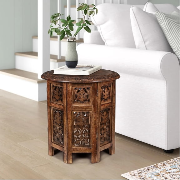 Homebia Designs Handcrafted Wooden Round Accent Table - Vintage Farmhouse Octagonal Side End Table with Intricate Carvings for Living Room, Bedroom, Entryway - 18x18 Inch - Burnt