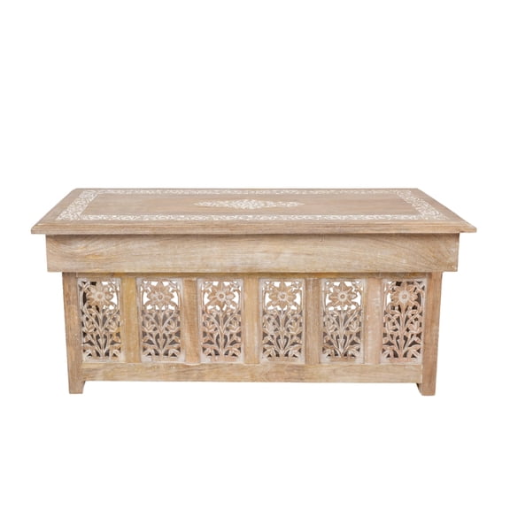 Homebia Designs Handmade Wooden Coffee Table - Rectangular Foldable Table with Storage,Intricate Carving, Modern & Contemporary Home Décor, Compact Living Room Furniture – 40 Inch White Wash Finish